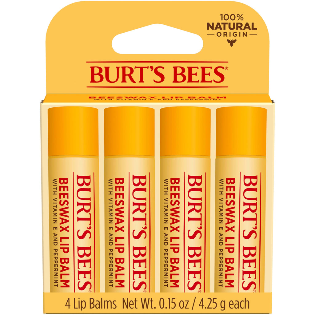 Burt's Bees Lip Balm, Beeswax, Strawberry, Coconut and Pear, and Vanilla Bean Pack, With Responsibly Sourced Beeswax, Tint-Free, Natural Lip Treatment, 4 Tubes, 0.15 oz.