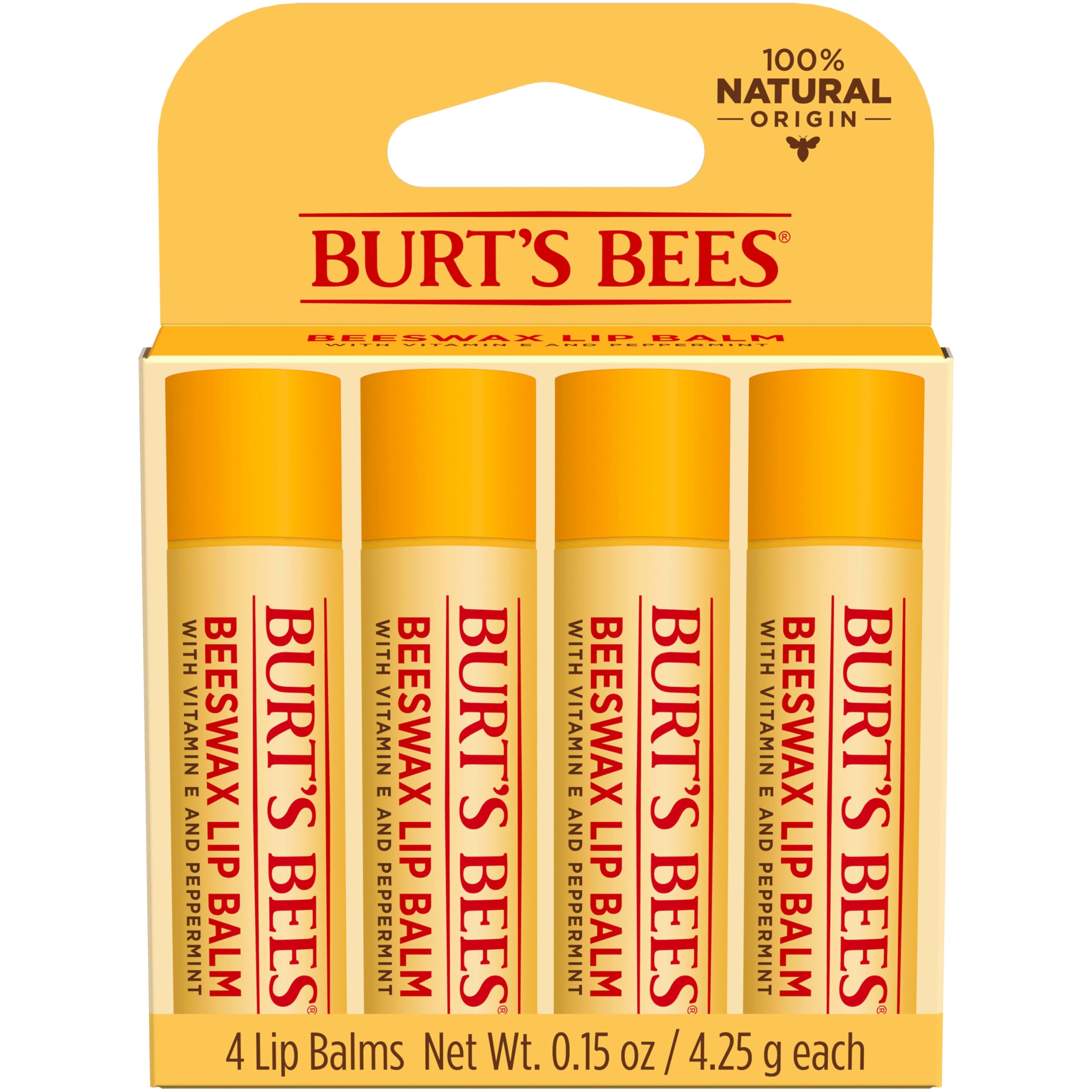 Burt's Bees Lip Balm, Beeswax, Strawberry, Coconut and Pear, and Vanilla Bean Pack, With Responsibly Sourced Beeswax, Tint-Free, Natural Lip Treatment, 4 Tubes, 0.15 oz.