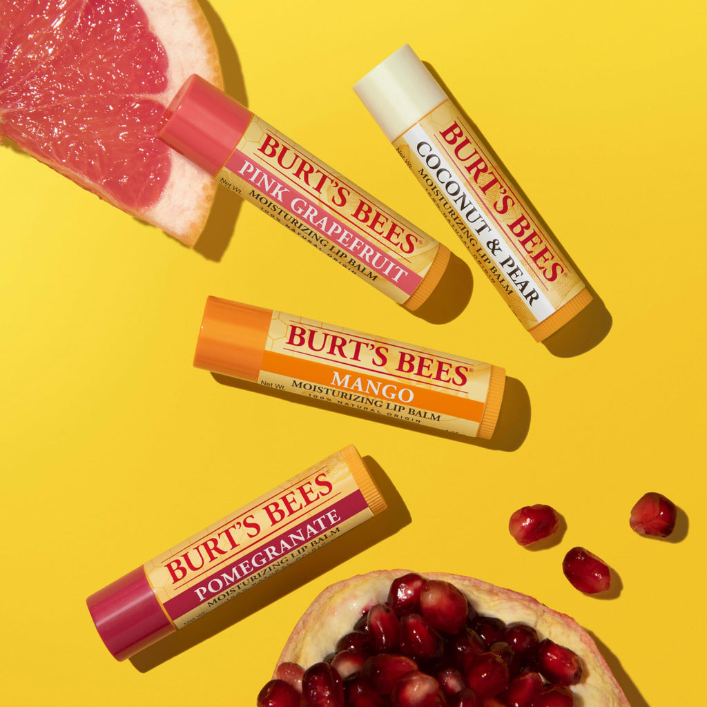 Burt's Bees Lip Balm, Beeswax, Strawberry, Coconut and Pear, and Vanilla Bean Pack, With Responsibly Sourced Beeswax, Tint-Free, Natural Lip Treatment, 4 Tubes, 0.15 oz.