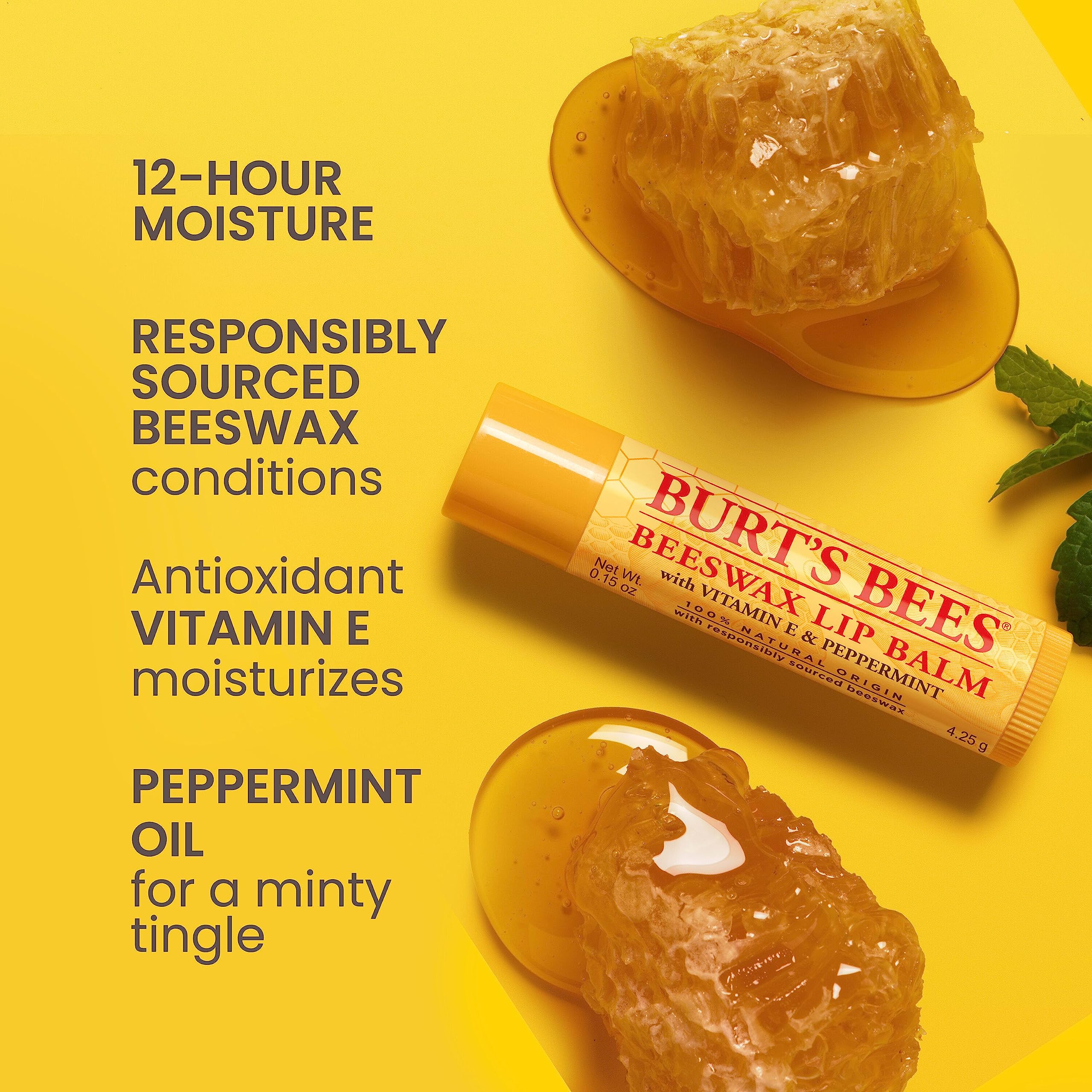 Burt's Bees Lip Balm, Beeswax, Strawberry, Coconut and Pear, and Vanilla Bean Pack, With Responsibly Sourced Beeswax, Tint-Free, Natural Lip Treatment, 4 Tubes, 0.15 oz.