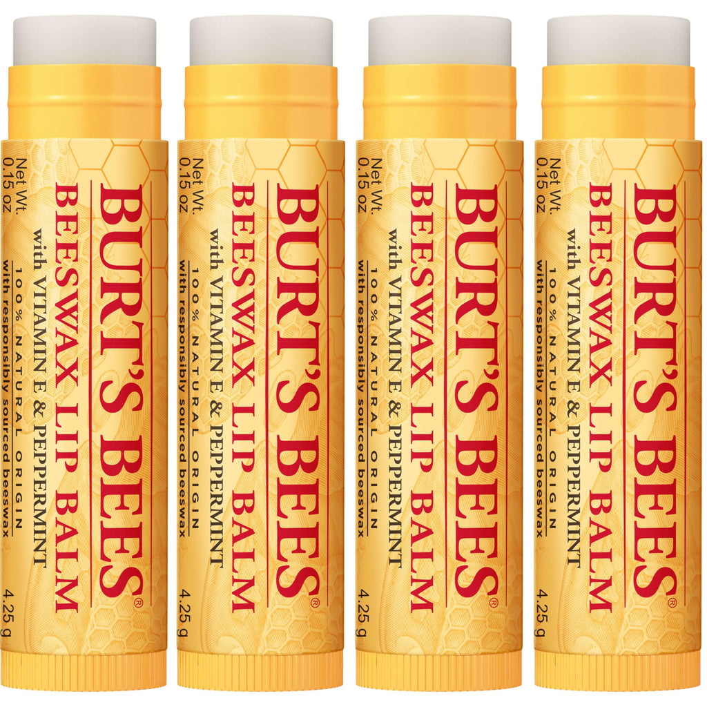 Burt's Bees Lip Balm, Beeswax, Strawberry, Coconut and Pear, and Vanilla Bean Pack, With Responsibly Sourced Beeswax, Tint-Free, Natural Lip Treatment, 4 Tubes, 0.15 oz.