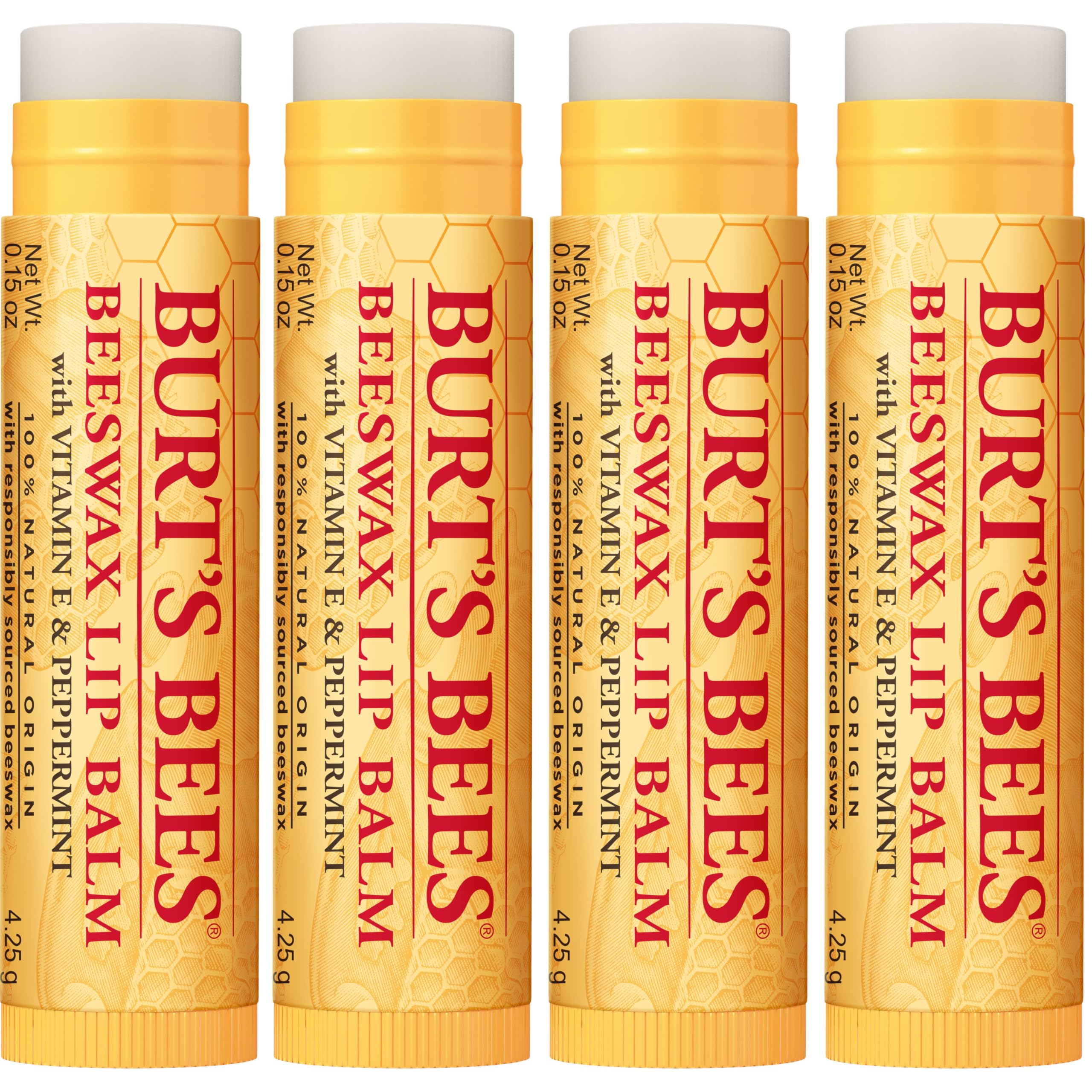 Burt's Bees Lip Balm, Beeswax, Strawberry, Coconut and Pear, and Vanilla Bean Pack, With Responsibly Sourced Beeswax, Tint-Free, Natural Lip Treatment, 4 Tubes, 0.15 oz.
